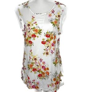 Rose + Olive White Floral Cap Sleeve Shirt L
